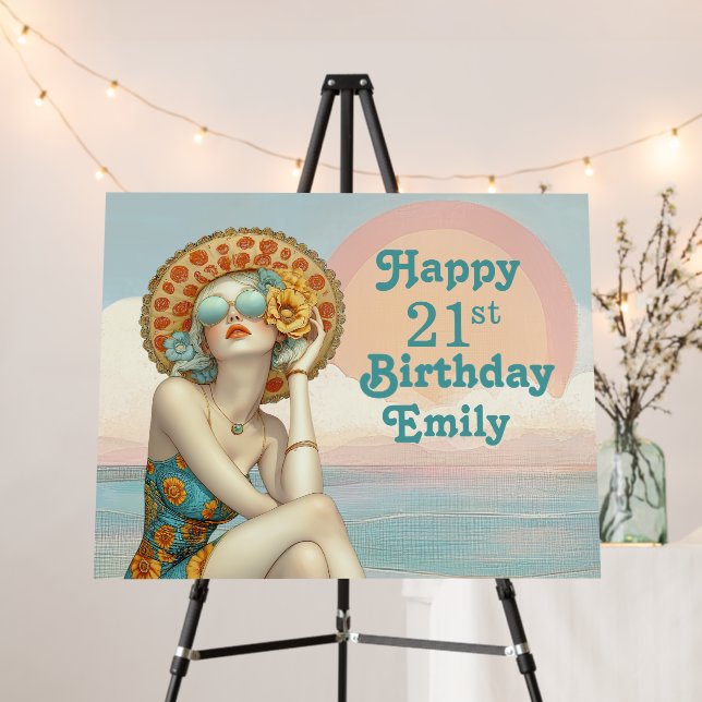 Retro Beach Glam Stylish 21st Birthday for Her Foam Board (In Situ (Stand))