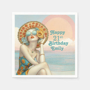 Retro Beach Glam Stylish 21st Birthday Napkins
