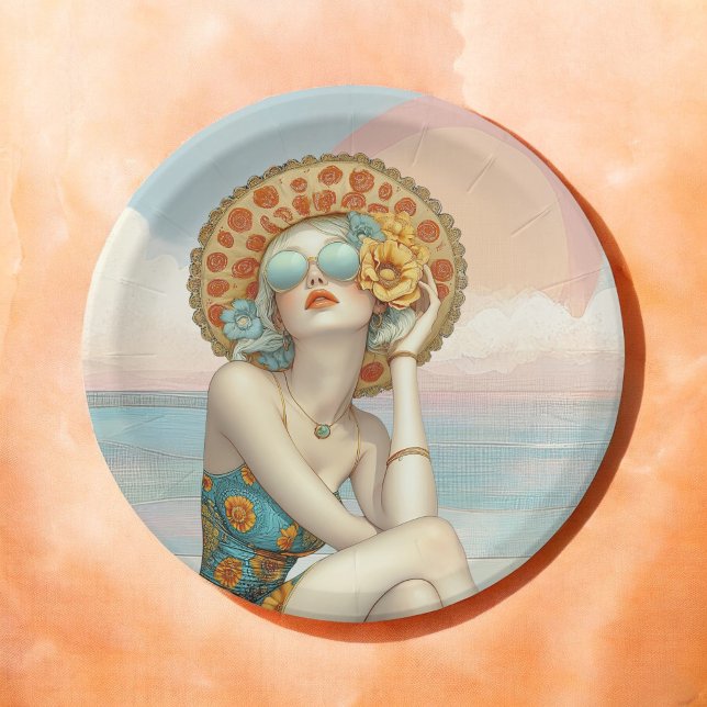 Retro Beach Glam Stylish Woman in Sunglasses Paper Plates (Creator Uploaded)
