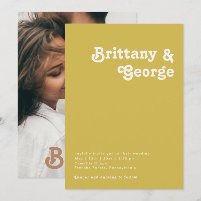 Retro Beach | Gold Casual Photo Monogram Invitation (Front/Back)