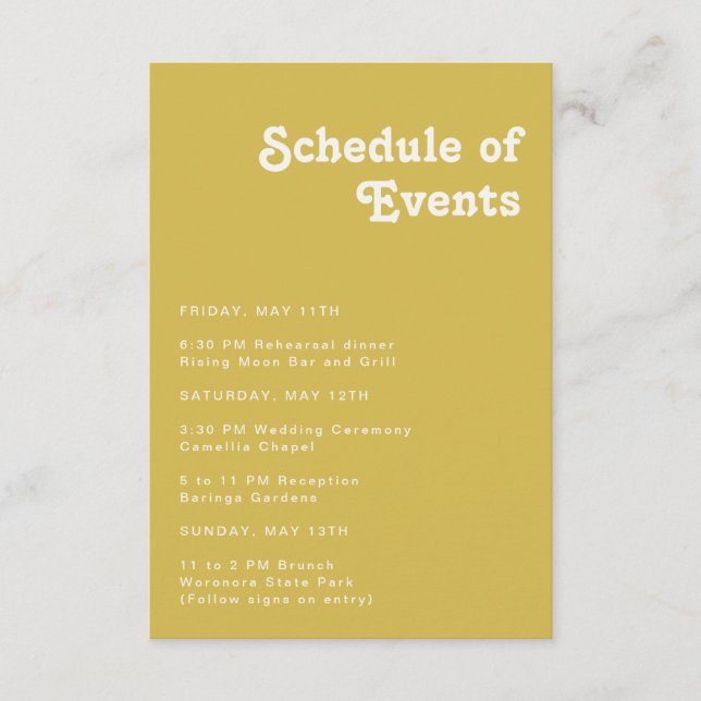 Retro Beach | Gold Schedule of Events Enclosure Card (Front)