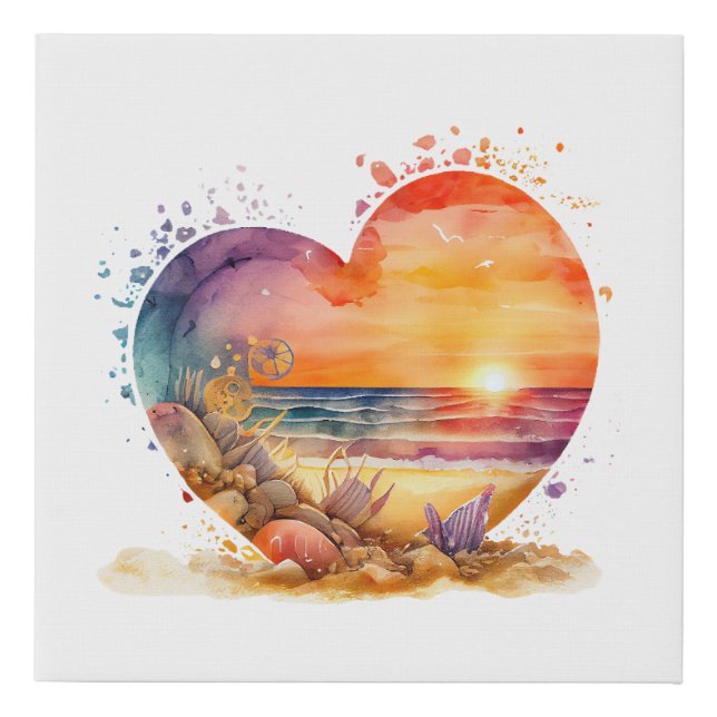 Retro Beach Heart Watercolor Faux Canvas Print (Front)