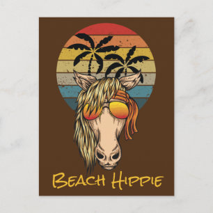 Retro Beach Hippie Horse, Setting Sun n Palm Trees Postcard