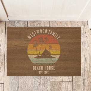 Retro Beach House Palm Trees Family Name Custom Fiber Doormat