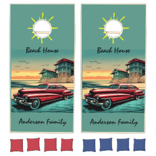 Retro Beach House, Vintage Car, Sunshine Cornhole Set
