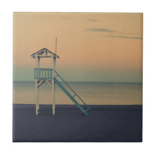 Retro Beach Lifeguard Tower Sunset Ceramic Tile