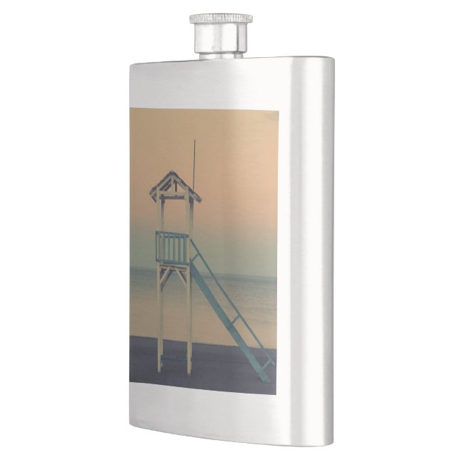 Retro Beach Lifeguard Tower Sunset Flask (Left)