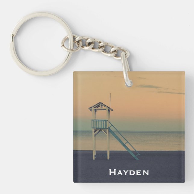 Retro Beach Lifeguard Tower Sunset Personalised Keychain (Front)