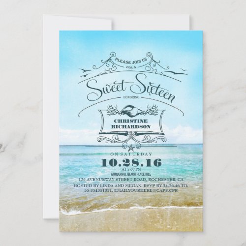 Retro Beach Ombre Blue Sea Sweet Sixteen Invitation
