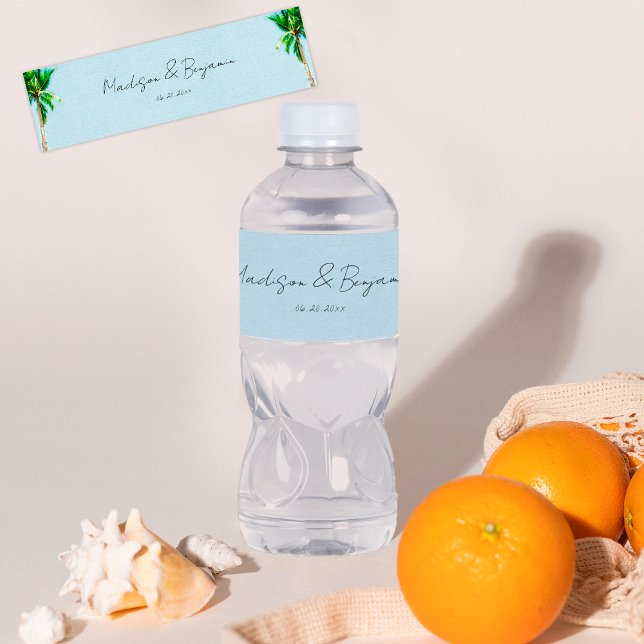 Retro Beach Palm Trees Personalized Wedding Water Bottle Label (Creator Uploaded)