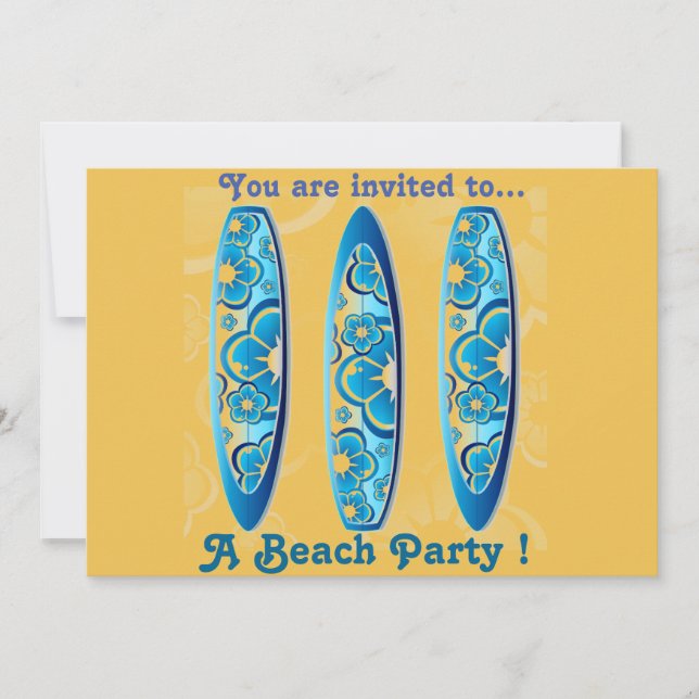 Retro Beach party blue surfboards and sand Invitation (Front)