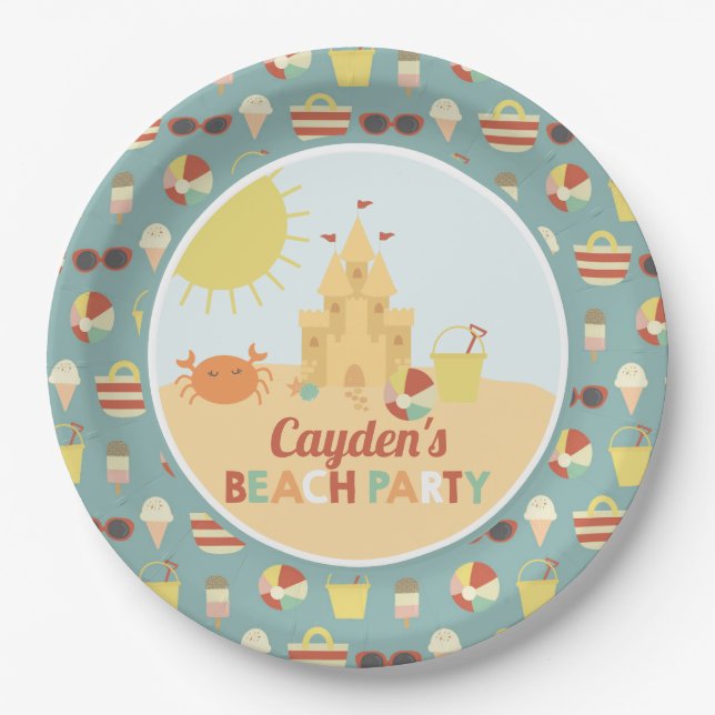Retro Beach Party Summer Sand castle Birthday Pape Paper Plates (Front)