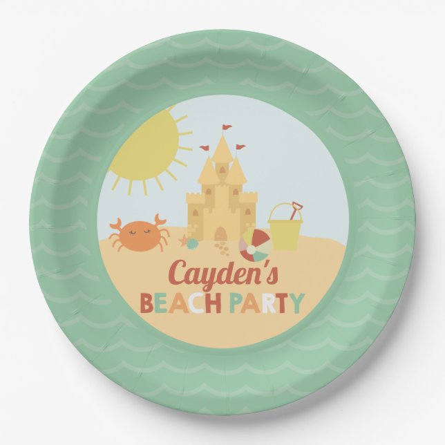 Retro Beach Party Summer Sand castle Birthday Paper Plates (Front)