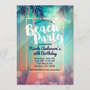 Retro BEACH PARTY Sunny Palm Trees Summer Birthday Invitation