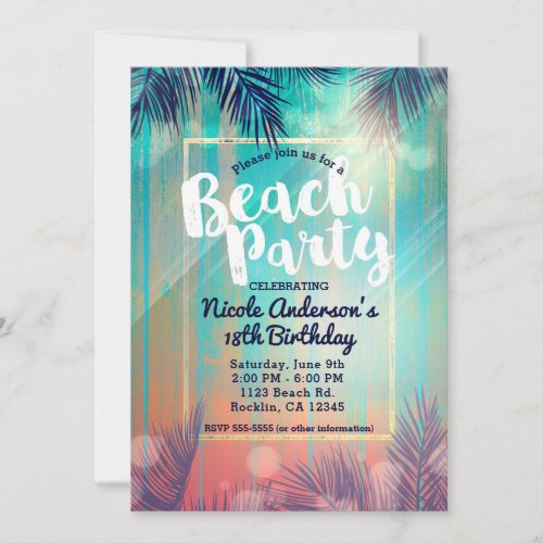 Retro BEACH PARTY Sunny Palm Trees Summer Birthday Invitation