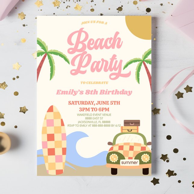 Retro Beach Party Surf Board Pink Birthday Party Invitation (Creator Uploaded)