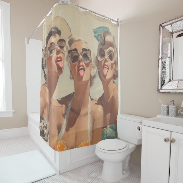 Retro Beach Pin-Up Vibes Shower Curtain (In Situ)