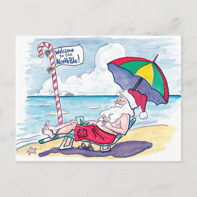 Retro Beach Santa Claus Christmas Holiday Postcard (Front)