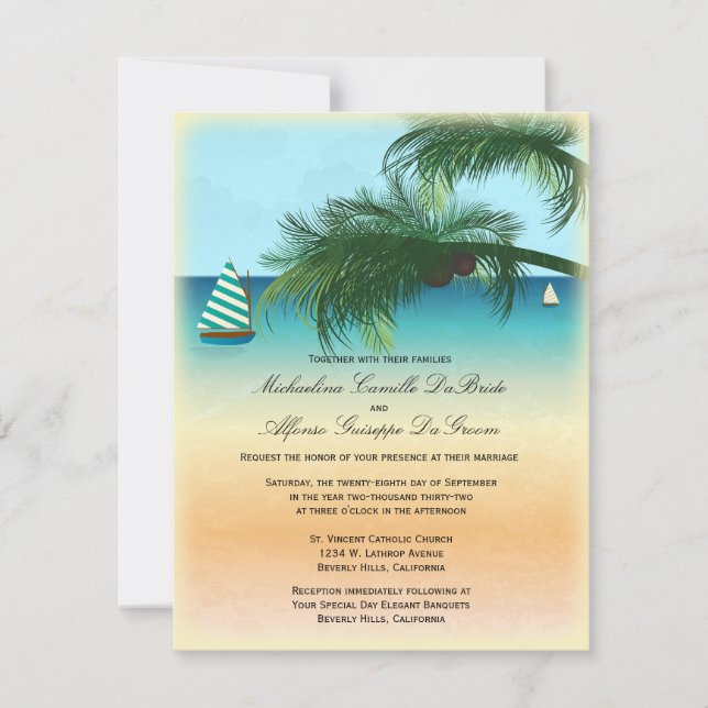 Retro Beach Scene Formal Wedding Invite (Front)