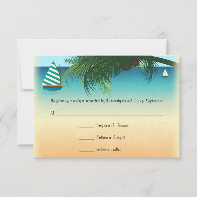 Retro Beach Scene Wedding RSVP Response Card (Front)