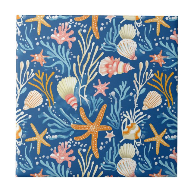 Retro Beach Seashell Orange Pink Yellow Blue Ceramic Tile (Front)