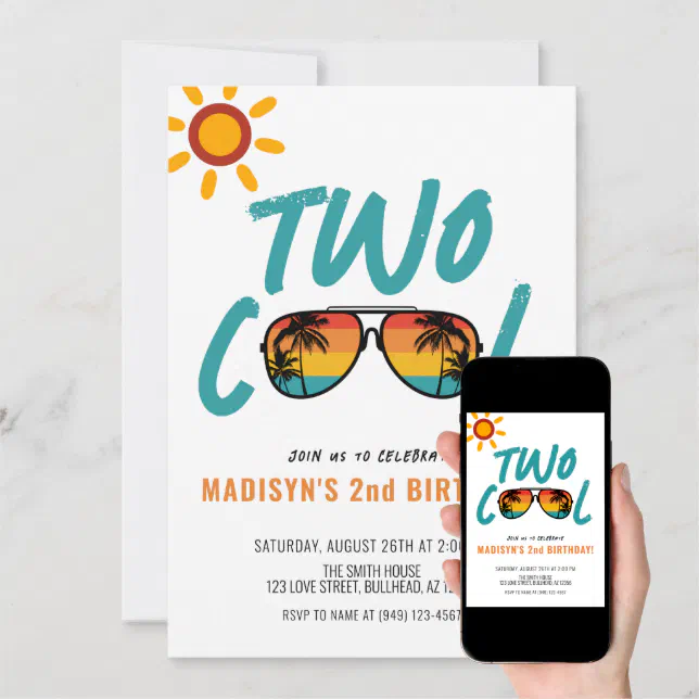 Retro Beach Sunglasses Two Cool 2nd Birthday Invitation Zazzle