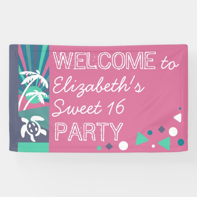 Retro Beach Sunset Sweet 16 Birthday Pool Party Banner (Horizontal)