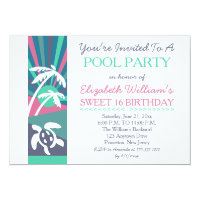 Retro Beach Sunset Sweet 16 Birthday Pool Party Invitation