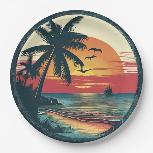 Retro Beach Sunset Tropical Party Theme Beach Paper Plates (Front)