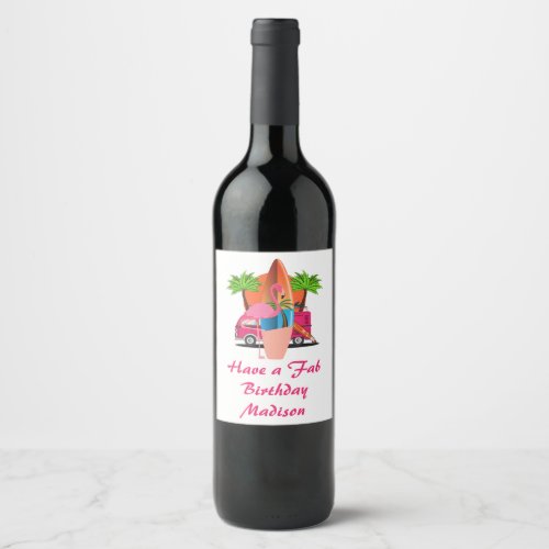 Retro Beach Surf Theme Birthday Party Wine Label