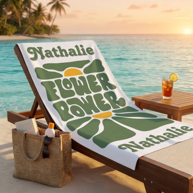 Retro Beach Towel With Name - Personalized Gift (Personalized Retro Beach Towel | Floral Name Gift)