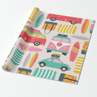 Retro Beach Van and Surfboard Pattern Wrapping Paper