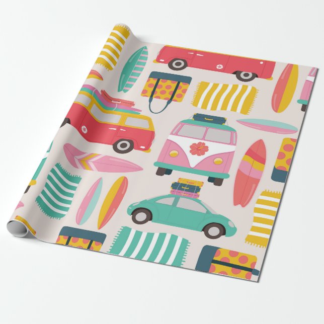 Retro Beach Van and Surfboard Pattern Wrapping Paper (Unrolled)