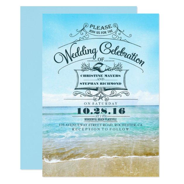 Retro Beach Wedding Invitations Blue Ombre Seaside