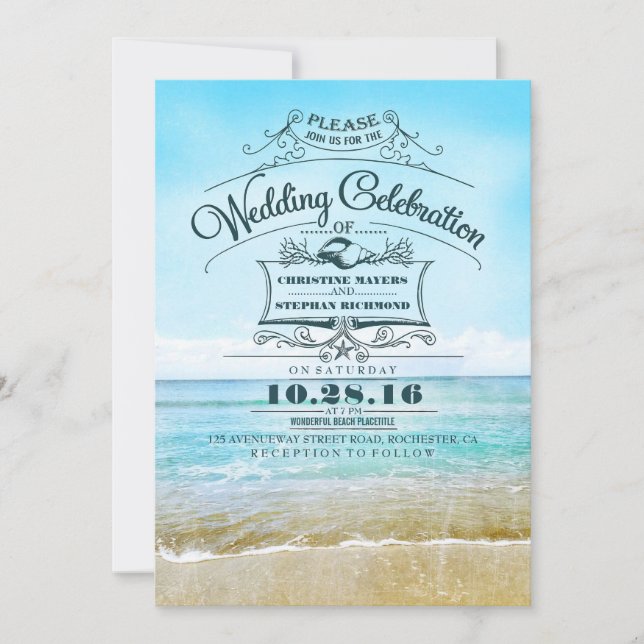 Retro beach wedding invitations blue ombre seaside (Front)