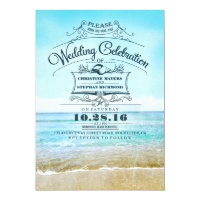 Retro beach wedding invitations blue ombre seaside