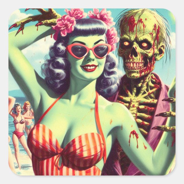 Retro Beach Zombie Pin-Up Square Sticker (Front)