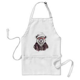 Retro Bear in Red Glasses Adult Apron