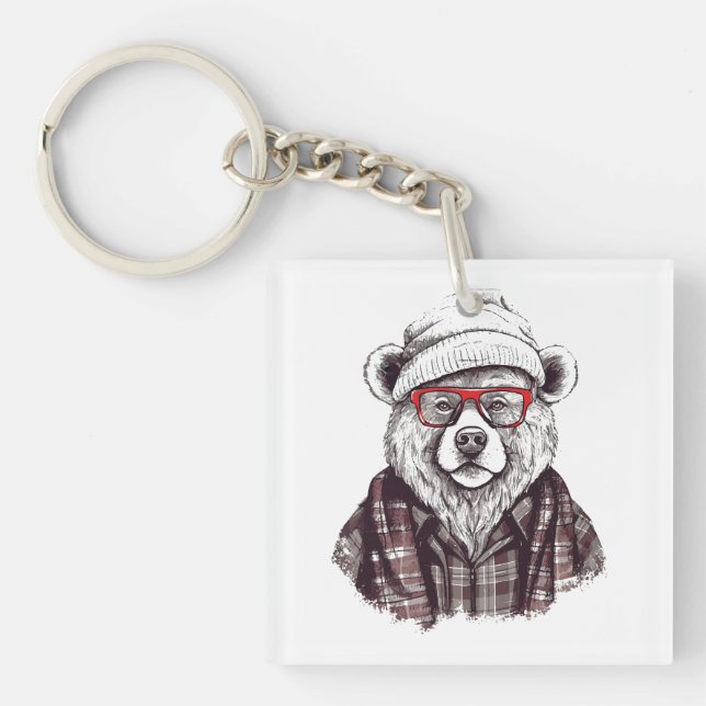 Retro Bear in Red Glasses Keychain (Front)