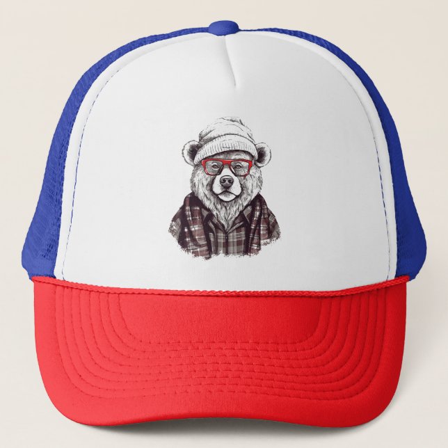 Retro Bear in Red Glasses Trucker Hat (Front)