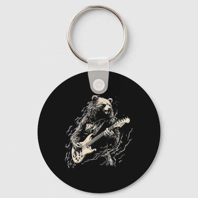 Retro Bear Playing Bass Guitar Bear Guitarist Musi Keychain (Front)