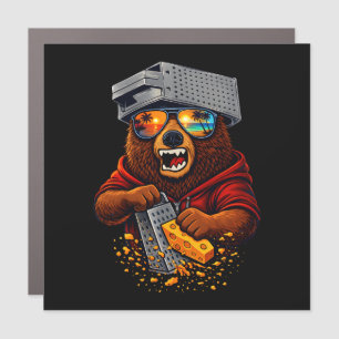Retro Bear With Cheese Grater Hat and Sunglasses Car Magnet