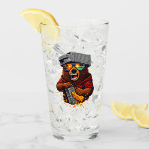Retro Bear With Cheese Grater Hat and Sunglasses Glass
