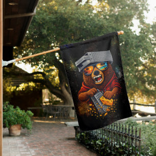 Retro Bear With Cheese Grater Hat and Sunglasses House Flag