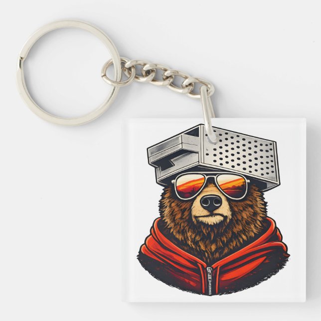 Retro Bear with Cheese Grater Hat and Sunglasses Keychain (Front)