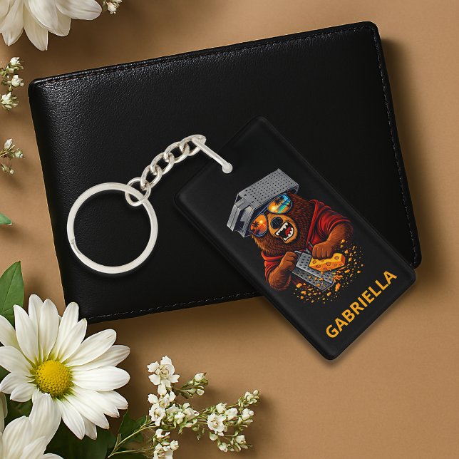 Retro Bear With Cheese Grater Hat and Sunglasses Keychain (Front and back with the same image and text)
