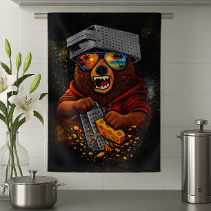Retro Bear With Cheese Grater Hat and Sunglasses Kitchen Towel