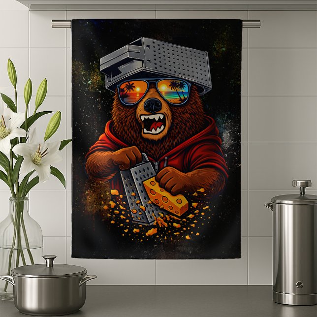 Retro Bear With Cheese Grater Hat and Sunglasses Kitchen Towel (Creator Uploaded)
