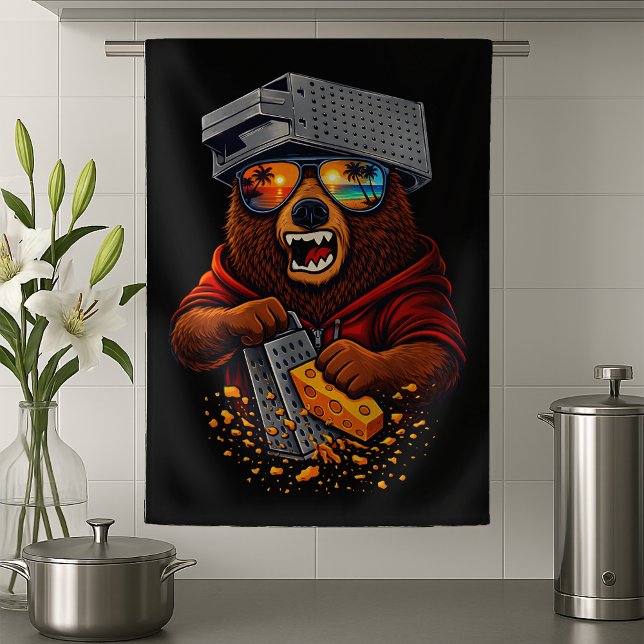Retro Bear With Cheese Grater Hat and Sunglasses Kitchen Towel (Creator Uploaded)