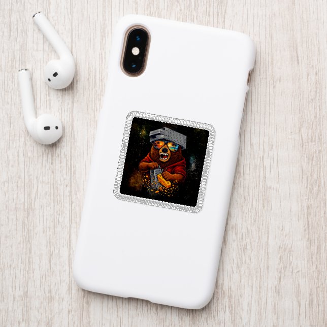 Retro Bear With Cheese Grater Hat and Sunglasses Patch (On Phone Back)